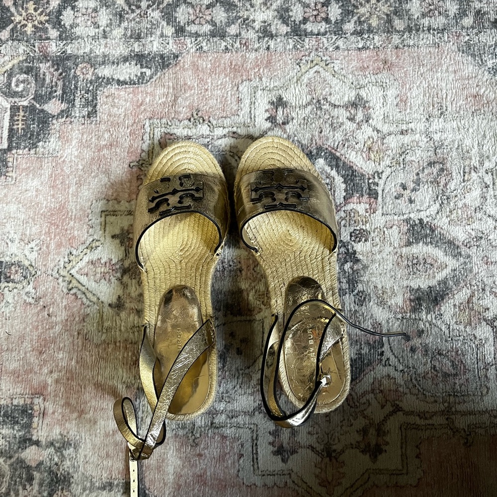 Tory Burch Metallic Gold Espadrille Wedge Sandals
